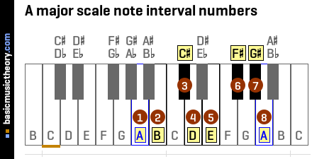 A major scale note interval numbers